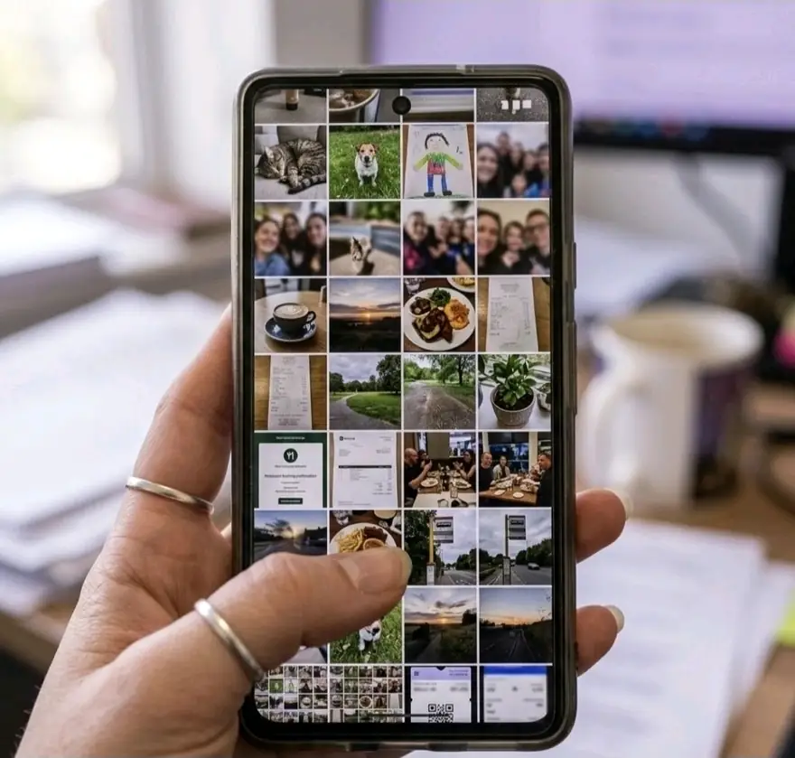 A phone screen showing a camera roll where a boarding pass, receipts and a booking confirmation sit between family photos, pets and dinners